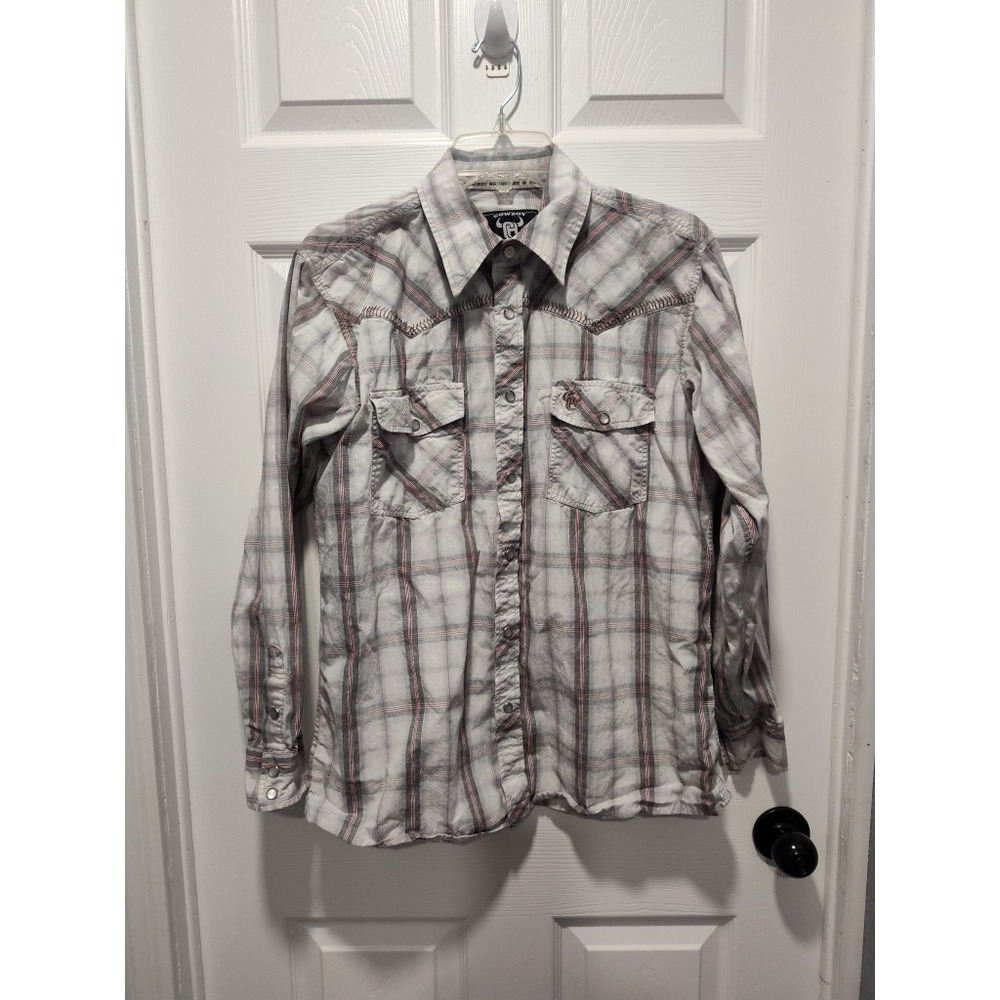 Cowboy Hardware Shirt Mens‎ MEDIUM Gray Pearl Snap Western Long Sleeve Plaid